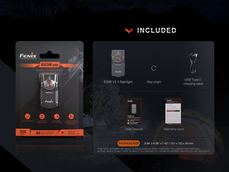 Mini rechargeable flashlight FENIX E03R V2.0 keychain - 500 lm