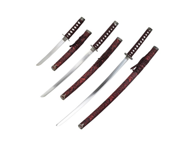 Meč KATANA set WAKIZASHI-TANTO - 3 kom na stojalu RED