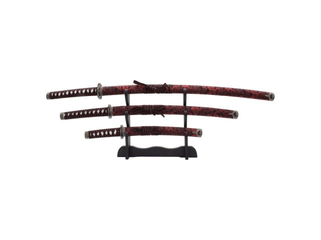 Meč KATANA set WAKIZASHI-TANTO - 3 kom na stojalu RED