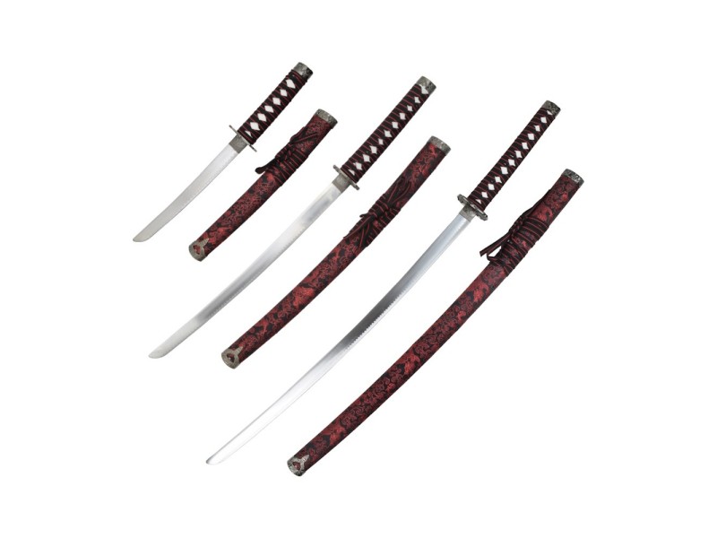 Meč KATANA set WAKIZASHI-TANTO - 3 kom na stojalu RED