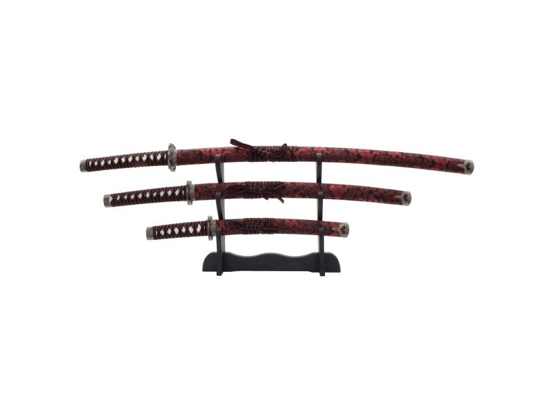 Meč KATANA set WAKIZASHI-TANTO - 3 kom na stojalu RED