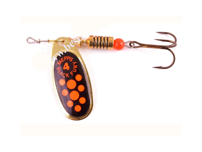 Esche MEPPS Black Fury con punti arancioni su nero