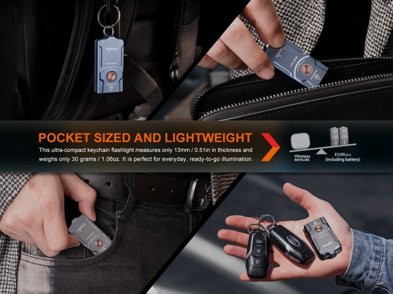 Mini rechargeable flashlight FENIX E03R V2.0 keychain - 500 lm