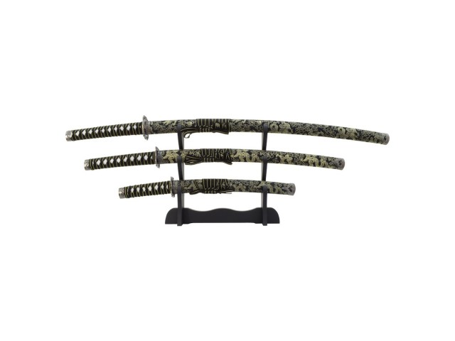 Meč KATANA set WAKIZASHI-TANTO - 3 kom na stojalu BLACK